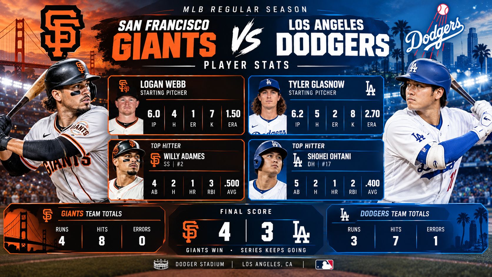 san francisco giants vs dodgers match player stats